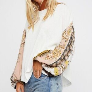 We The Free Blossom Thermal Top In Ivory Combo Patchwork Dolman Sleeve - size M
